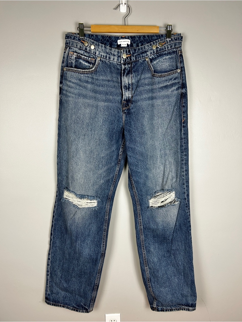 GOOD AMERICAN Good 90s Jeans Blue Distressed 10/30 100% Cotton High RiseStraight
